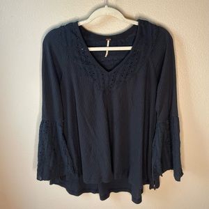 Free People Black Waffle Knit Top with Bell Sleeves & Details Size M